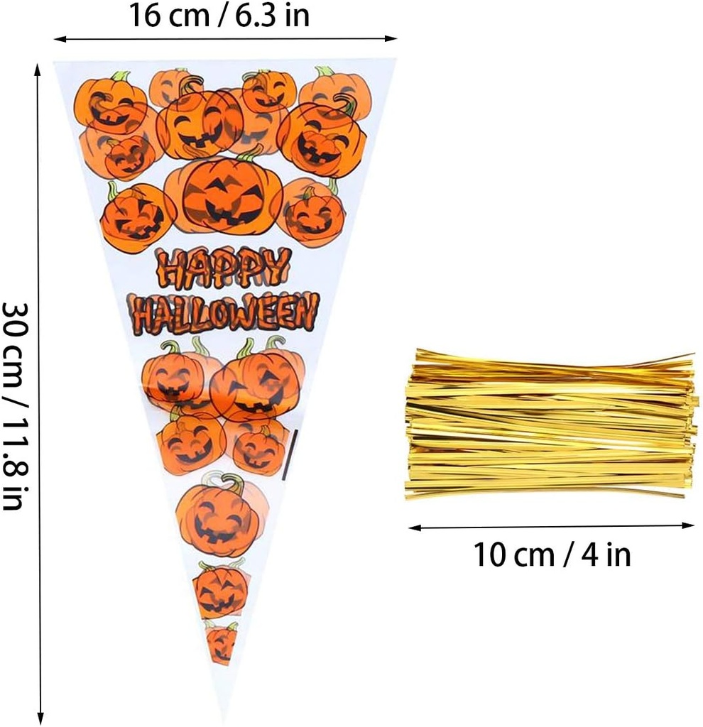 Auction Lot - 27 x Brand New RFWIN 100Pcs Pumpkin Cone Bag Halloween Clear Cellophane Treat Bags