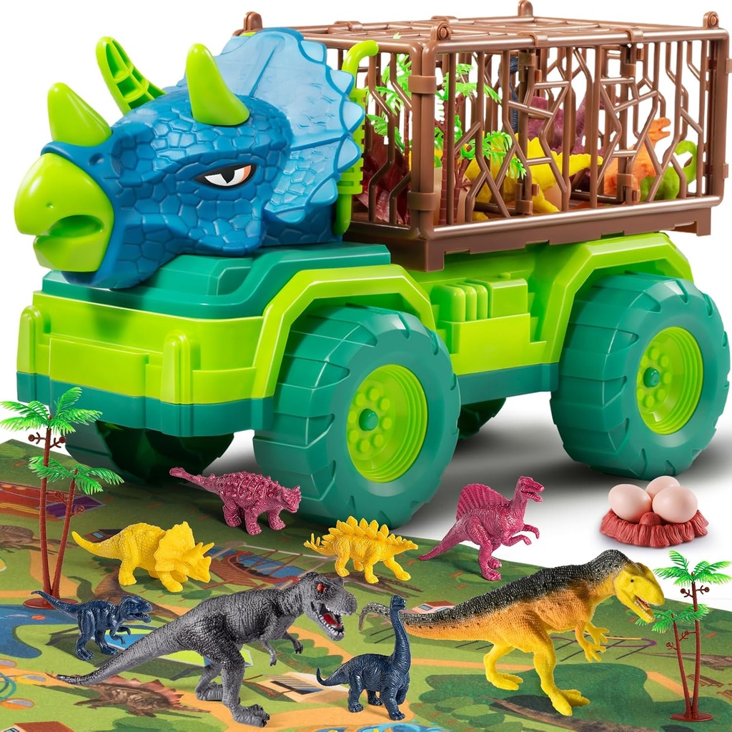 TEMI Dinosaur Truck Toy for Kids +3 Years Old, Triceratops Transport Car Carrier Truck 