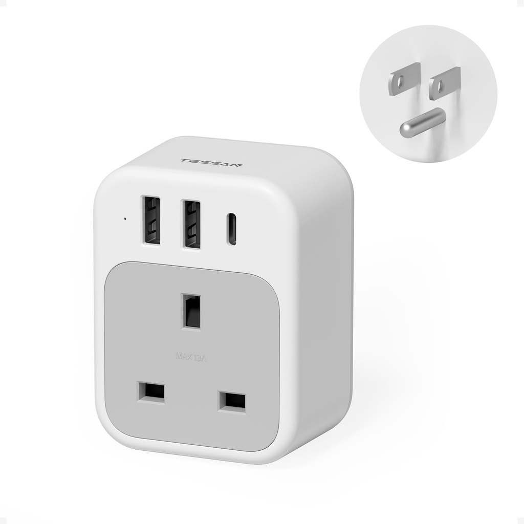 UK to US Plug Adaptor, TESSAN 20W PD Fast USA Travel Adapter with 3 USB Ports (1 USB C), 4