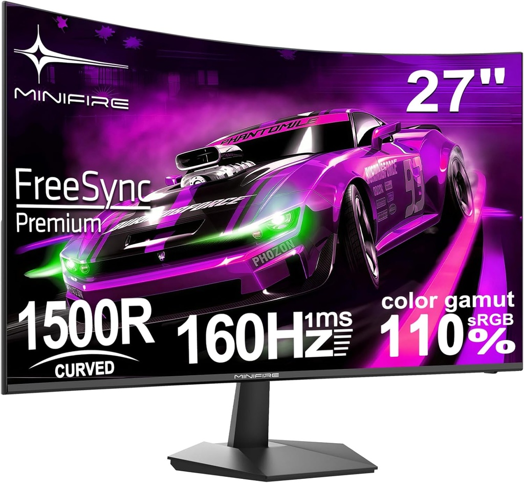 Minifire 27 Inch Gaming Monitor, 200Hz, Full HD 1920x1080 Curved VA Panel, Built in Speaker