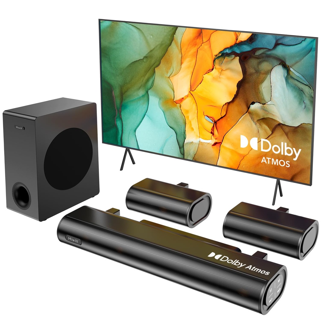 Hiwill 5.1CH Dolby Atmos Sound Bar for TV, 2 Wired Rear Speakers Surround Sound System, 380