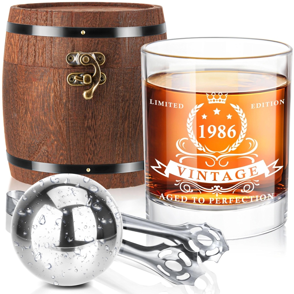LIGHTEN LIFE 40th Birthday Gifts for Him Men,1986 Whiskey Glass Set in Barrel Box,50 Years