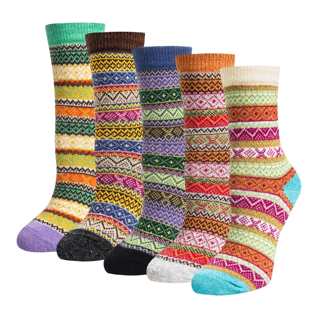Justay 5 Pairs Merino Wool Socks Womens Thicken Thermal Knitting Crew Ladies Sock for Hikin