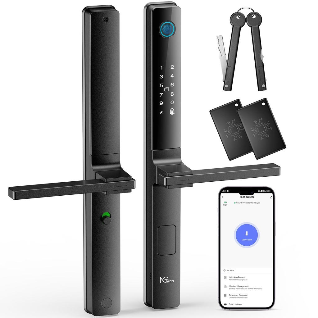 NGTeco Smart Door Lock with Handles, Fingerprint Keyless Security Entry Door Lock