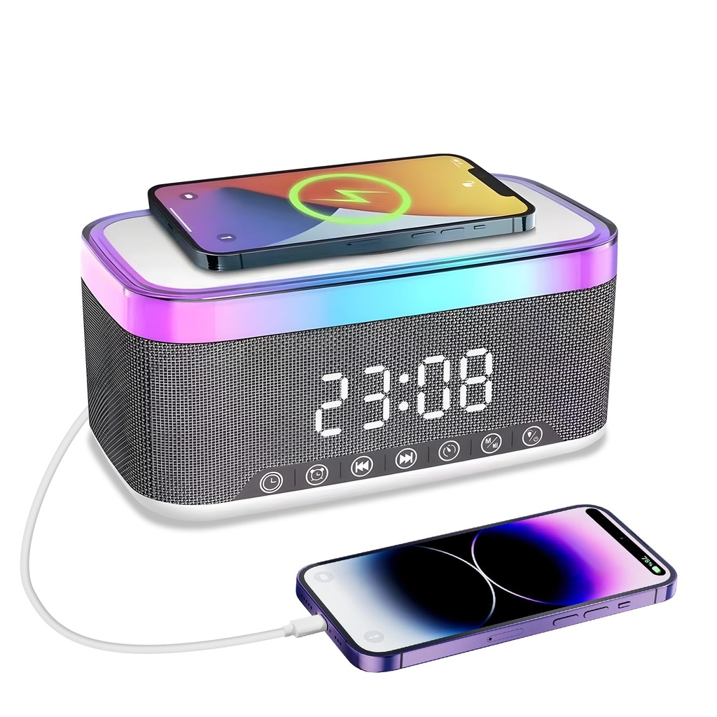 Suewidfay Radio Alarm Clock Bedside, Alarm Clock with 15W Wireless Charging, Bluetooth Speaker
