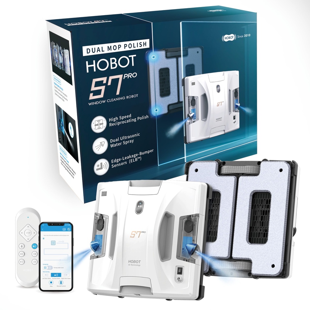 Hobot S7 Pro Dual Mop Polish Window Cleaning Robot, 15nm Dual Ultrasonic Spray, 4800Pa Suct