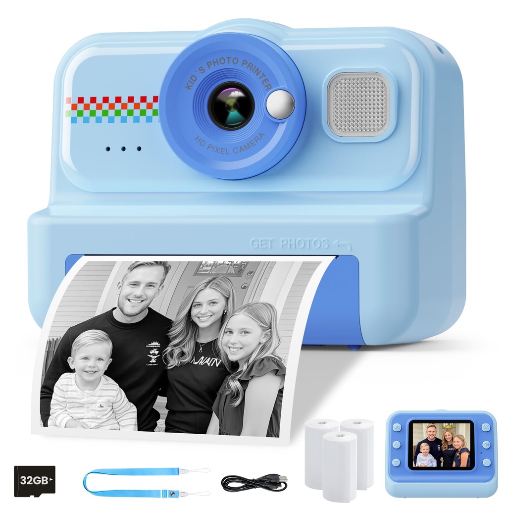 HiMont Kids Camera Instant Print, 1080P Instant Print Camera for Kids with 32GB Card & 3 Ro