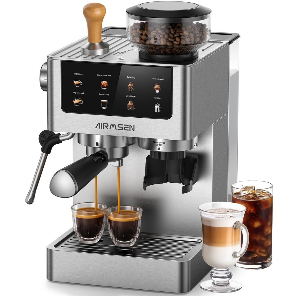 AIRMSEN Bean to Cup Coffee Machine - 20 Bar Espresso Machine with Grinder & Milk Frother,