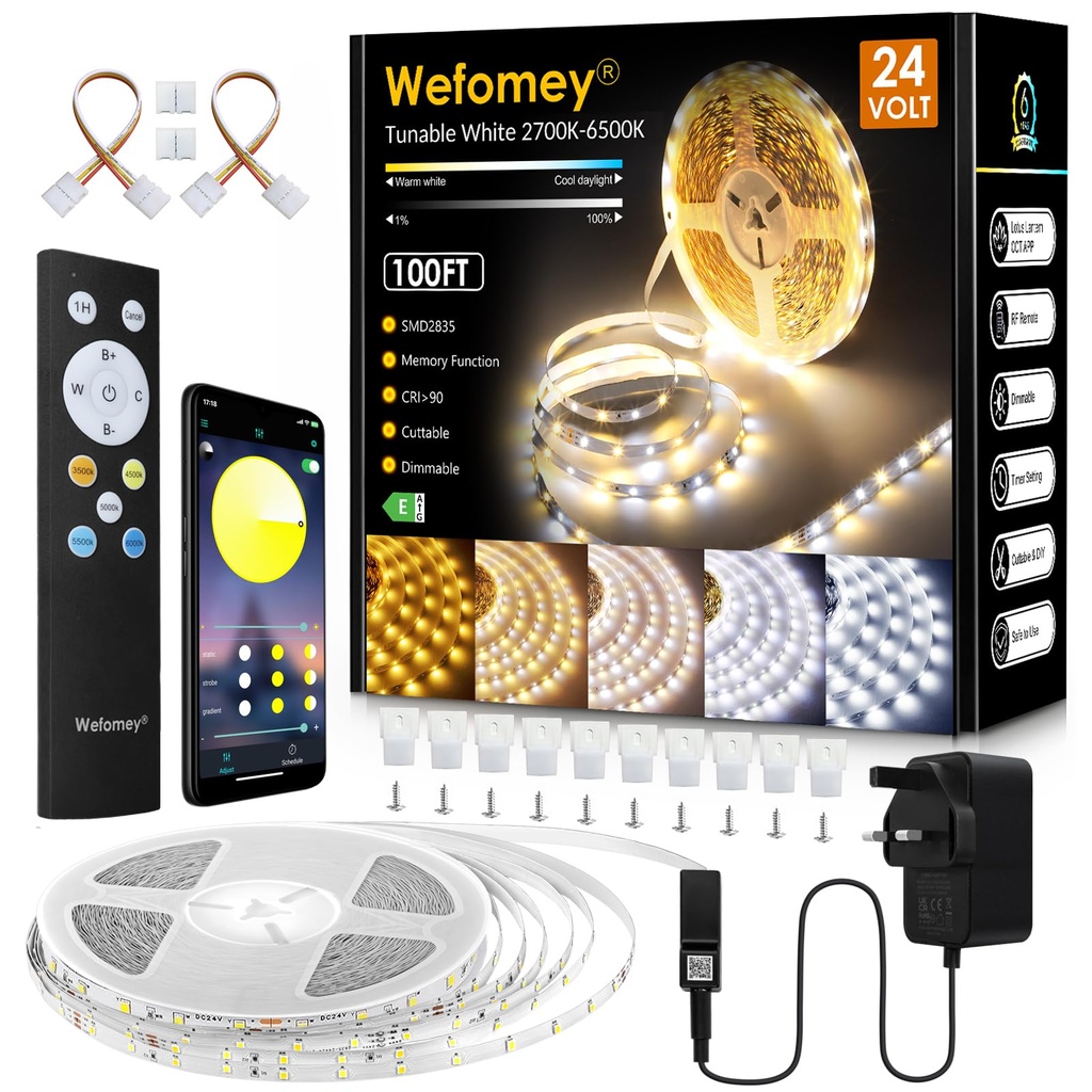 Wefomey White LED Strip Light, 30M Dimmable Bright 24V Led Tape Light with Remote and App C