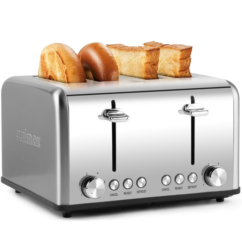 Cusimax 4 Slices Toaster, Stainless Steel Toaster with 4 Extra-Wide Bread Slots