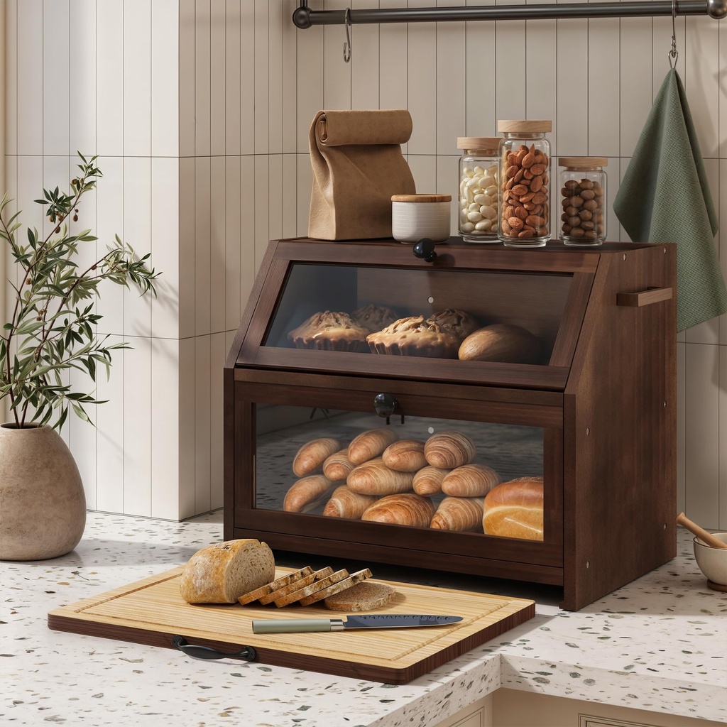 YOUDENOVA Double Decker Bread Box with Knife Block & Cutting Board, Extra Large 2-Layer Wood