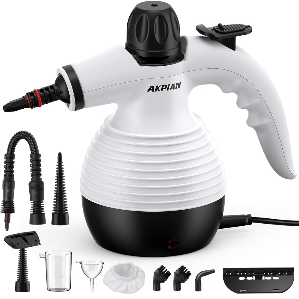 AKPIAN Multi-purpose handheld steam cleaner with 10 accessories delivers powerful, safe, and