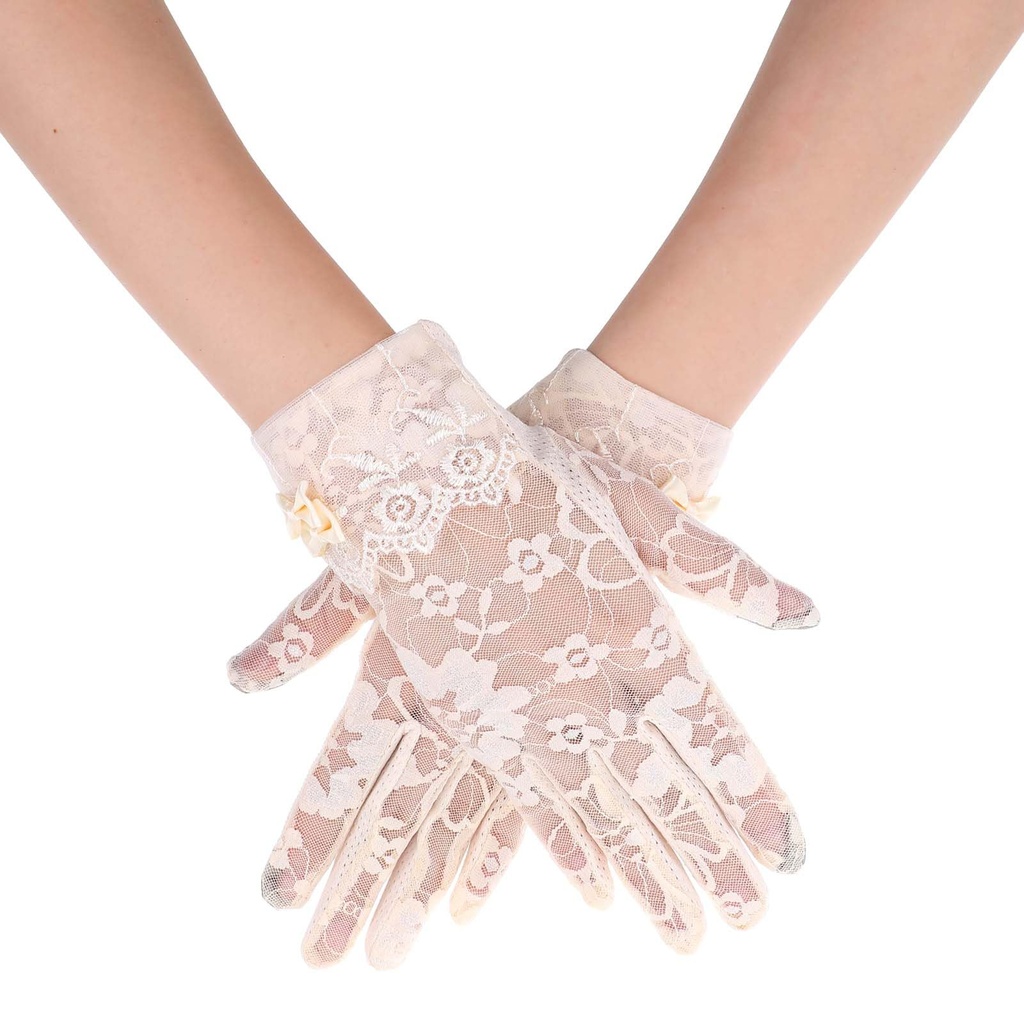 Yolev Lace Gloves Women Short Floral Tea Gloves With Bow Beige Mitten Summer Glove Women fo