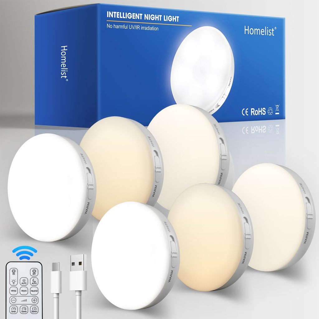 Homelist Puck Lights with Remote, 6 Pack LED Rechargeable Motion Sensor Lights Indoor Under