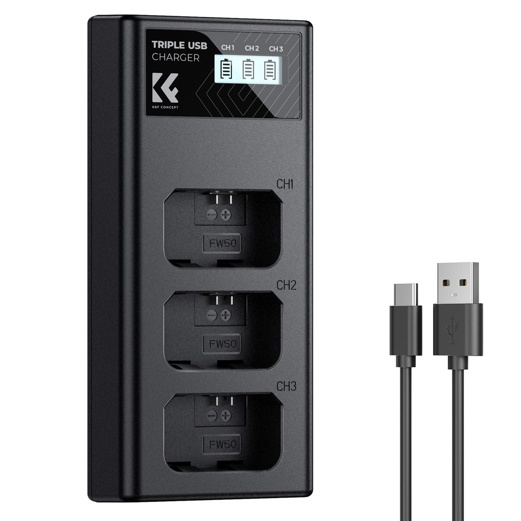 K&F CONCEPT NP-FW50 Triple Slot LCD Battery Charger Compatible with Sony ZV-E10, A6400, A600