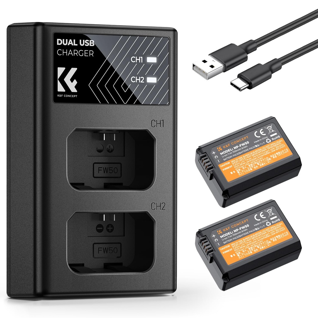 K&F CONCEPT NP-FW50 Battery and Charger Set Compatible with Sony ZV-E10, Alpha 7, A7, A7II,