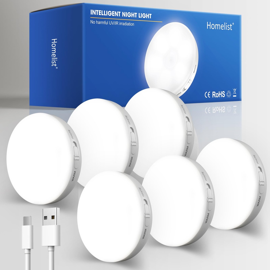 Homelist Motion Sensor Lights Indoor,6 Pack Wireless LED Rechargeable Magnetic Stick on Wall