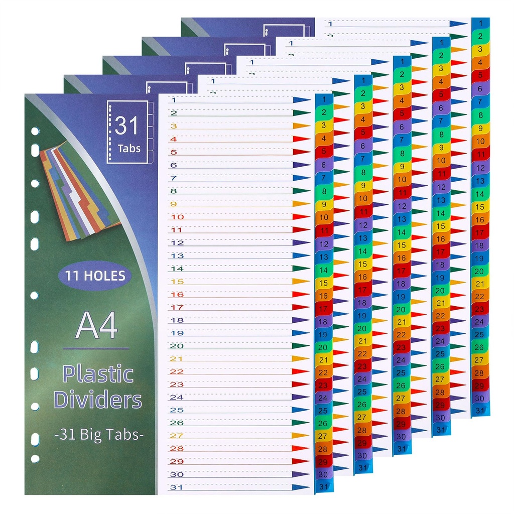 komstuon A4 Plastic Folder Dividers Multi Colours 1-31 Number,5 SetsÂ´?Ã®File Dividers Mult