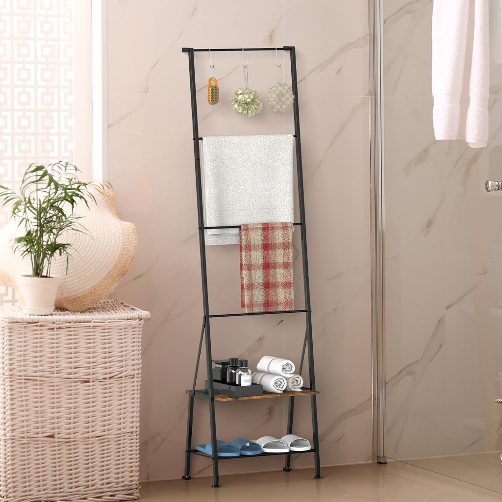 UOMIO Bathroom Towel Ladder with Storage Shelf and Hooks, Free-standing Blanket Ladder 150