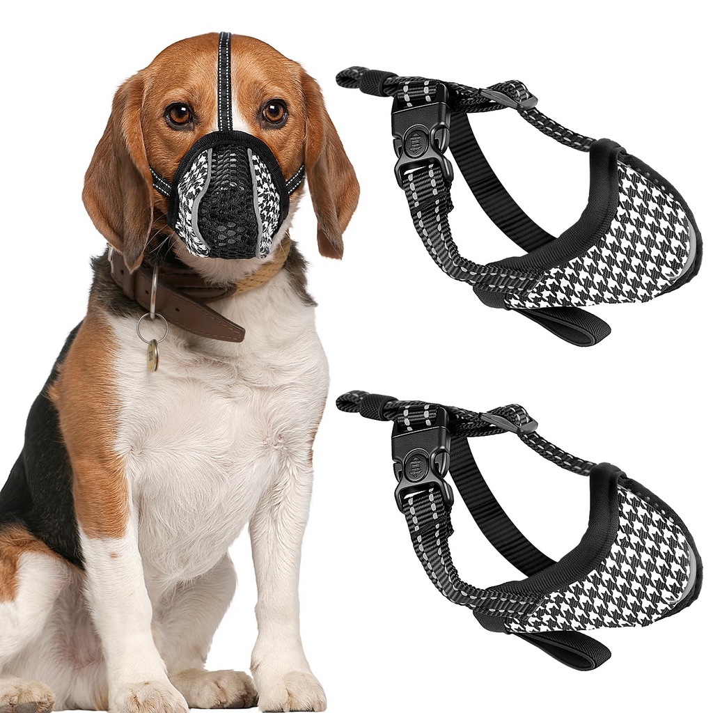 2PCS Dog Muzzle Black White Plaid, Soft Breathable Mesh Adjustable Dog Mask for Small Medium