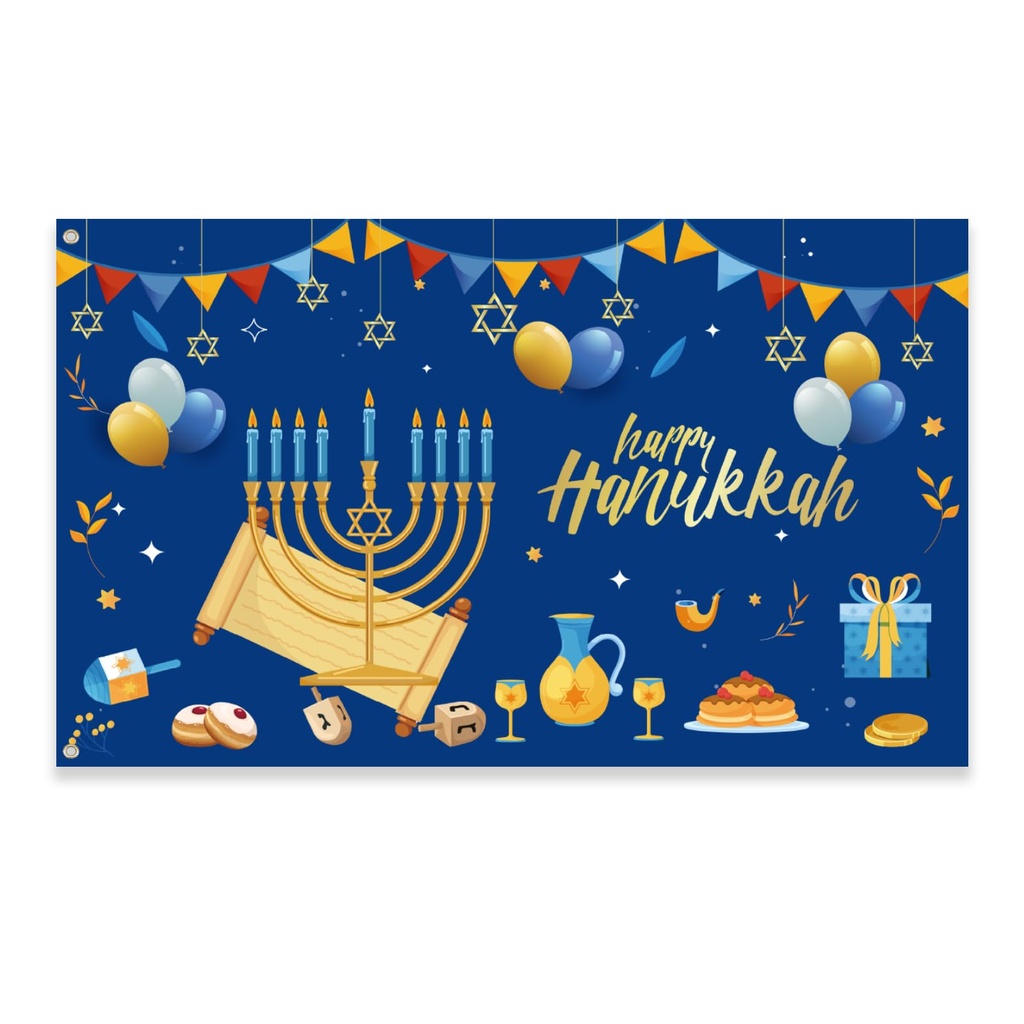Happy Hanukkah Banner Hanukkah Party Background Decoration 180 * 110cm 4 Brass Buttons Blue