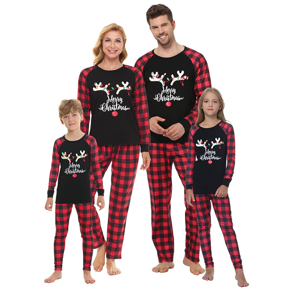 MyFav Christmas Family Matching Pyjamas Plaid Deer Long Sleeve Tops and Long Pants Sleepwea