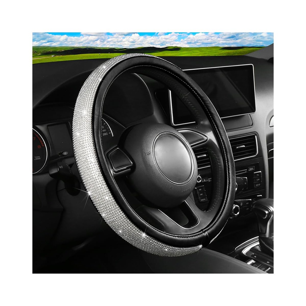 CGEAMDY Steering Wheel Cover, Diamond Soft Leather Steering Wheel Cover, Bling Elastic Stee