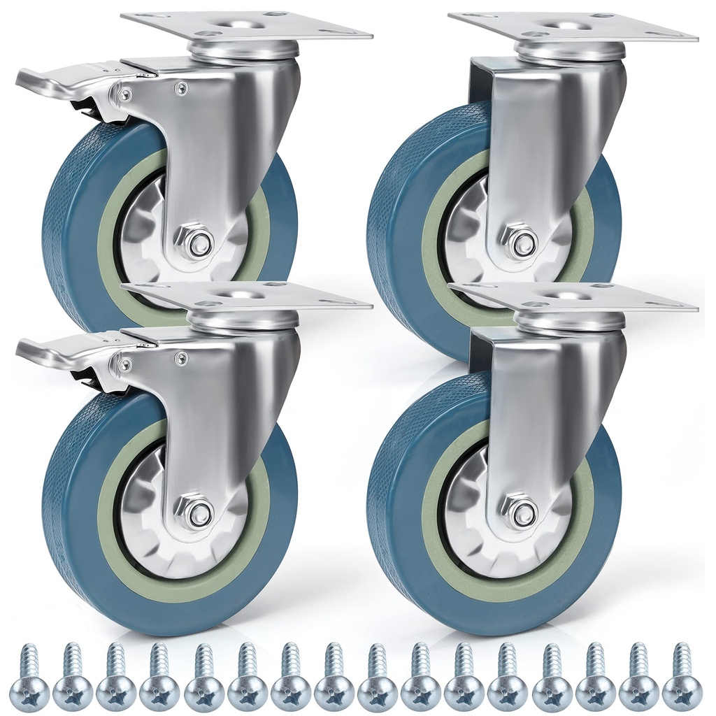 Kurtzy 4 Pack Heavy Duty Swivel Castor Wheels - 100mm Casters with Rubber Wheels, Screws