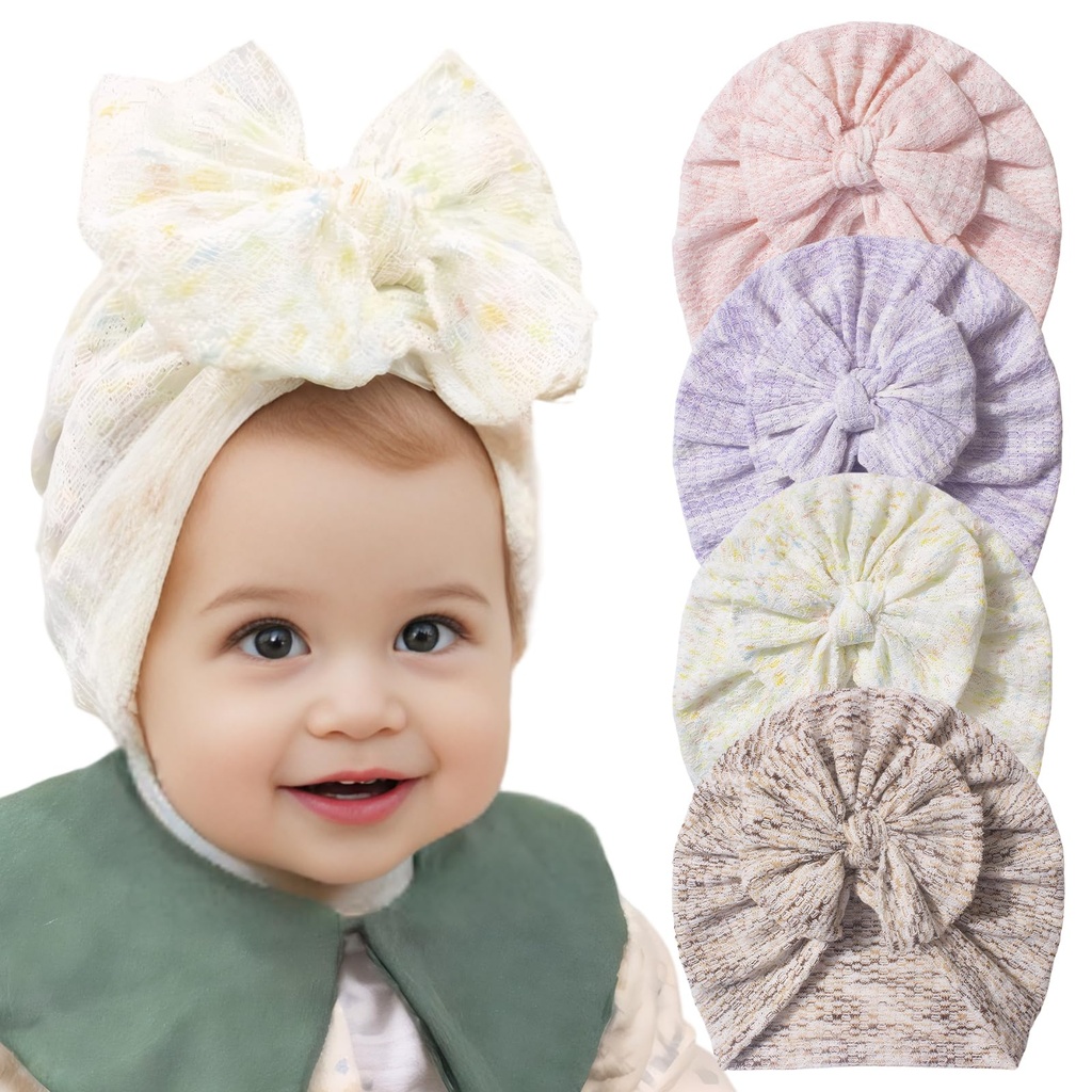 Marjoramy Newborn Baby Hat 4 Pcs,Baby Turban Hats with Bow,Cute Stretchy Soft Big Bow Hospi