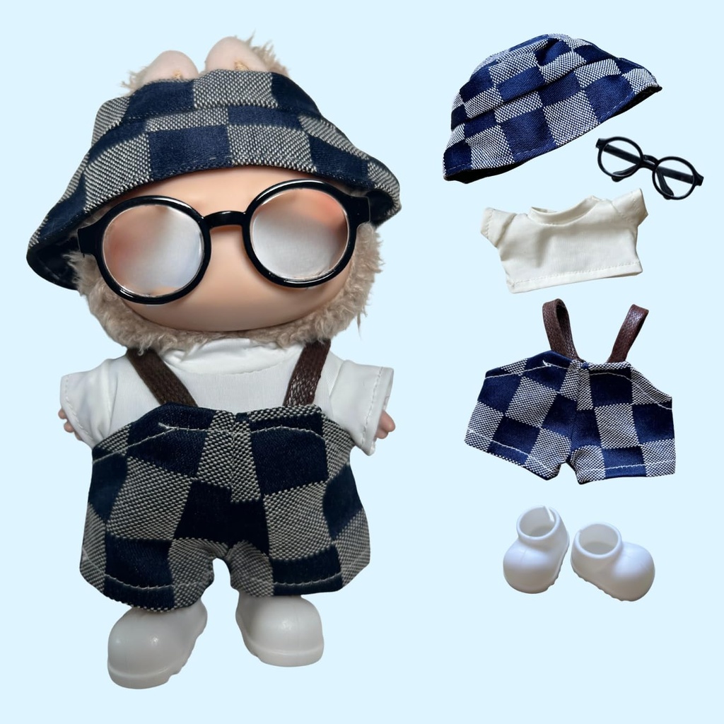 5-Piece Doll Clothes for 17cm Plush Dolls Ã¢Â€Â“ Stylish Pink & Green Checkered Outfit, Dol