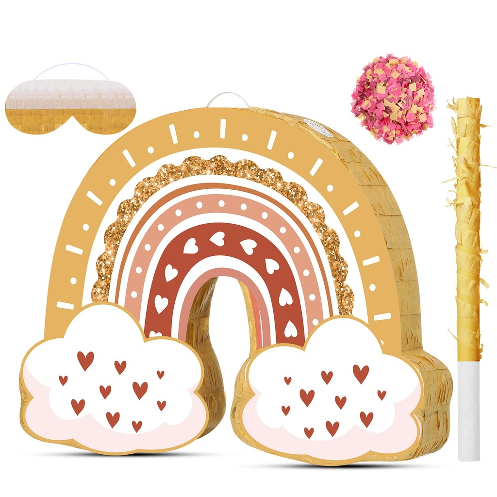Aoriher Rainbow pi??ata Boho game set Yellow Rainbow Birthday Party pi??ata with stick Blind