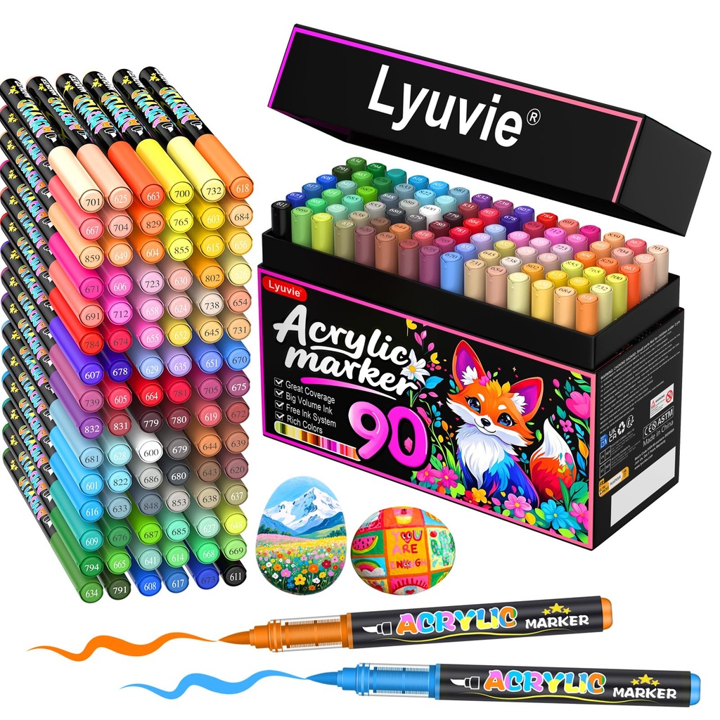 Lyuvie 90 Colours Acrylic Paint Pens Markers Set,Permanent Water-Based Acrylic Paint Brush