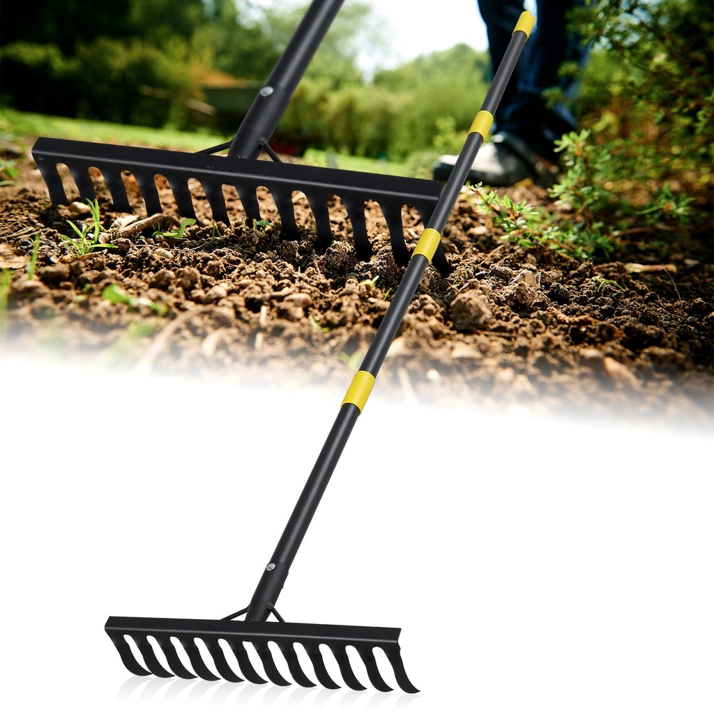 Rake, 152 cm Bow Rake with 12 Tines, Long Handle Heavy Duty Garden Rake for Loosening Soil,
