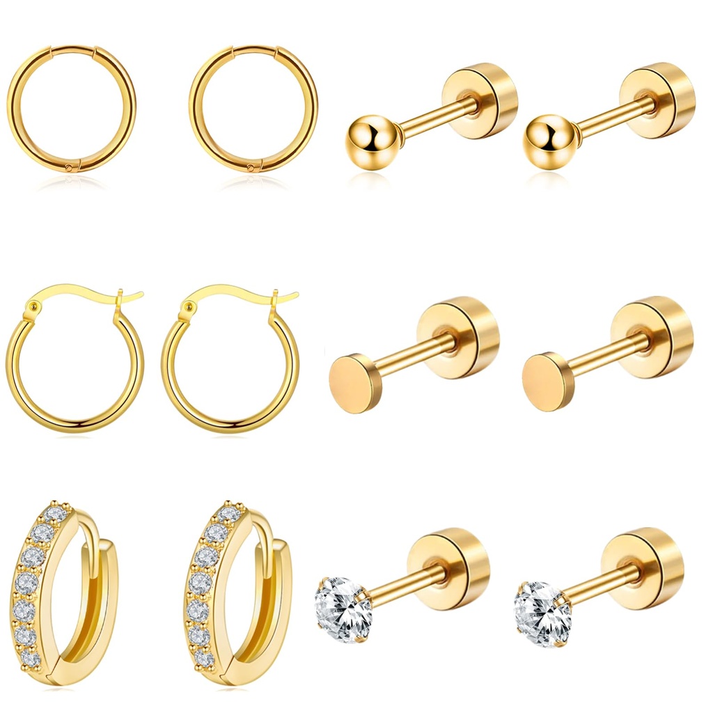 JZTRADING Gold Studs Hoops Earrings Set For Women 6 Pairs Hypoallergenic Gold Plated Flat B