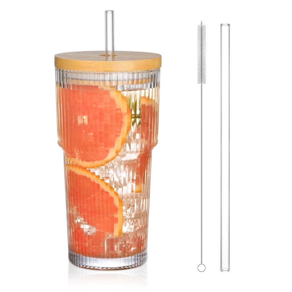 Kabwea 20 Oz Ribbed Glass Tumbler with Lid and Straw, 600ml Glass with Lid and Straw, Match