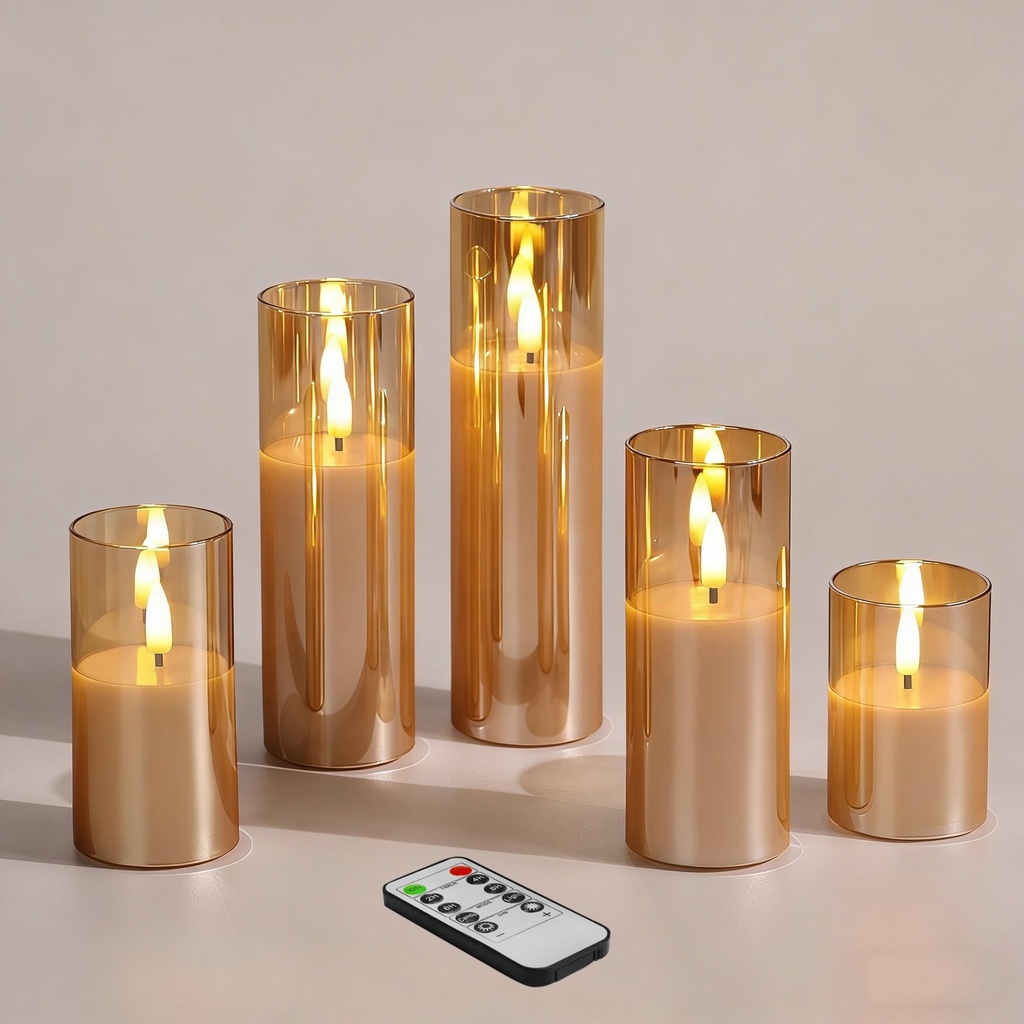 Eywamage Gold Glass Flameless LED Candles with Remote, Flickering Slim Tall Battery Pillar C