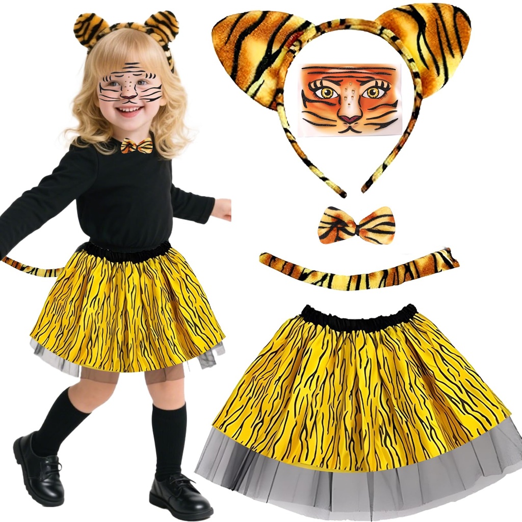 Glirop 5 Pcs Tiger Costume Set, Animal Fancy Dress Kit with Tiger Ears Headband Tail Bow Tie