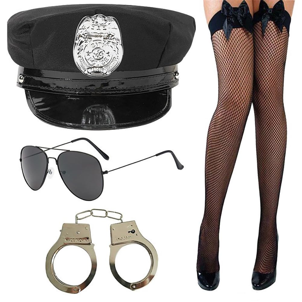 NIEEKRUN Police Accessories Set 4 Pcs Police Handcuffs Hat Sunglasses Sexy P-olice Outfit Wo