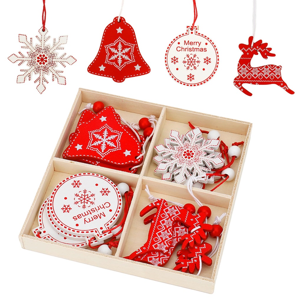 Wooden Christmas Ornaments Set - 12 Pcs Xmas Tree Decorations with Reindeer, Bell & Snow De