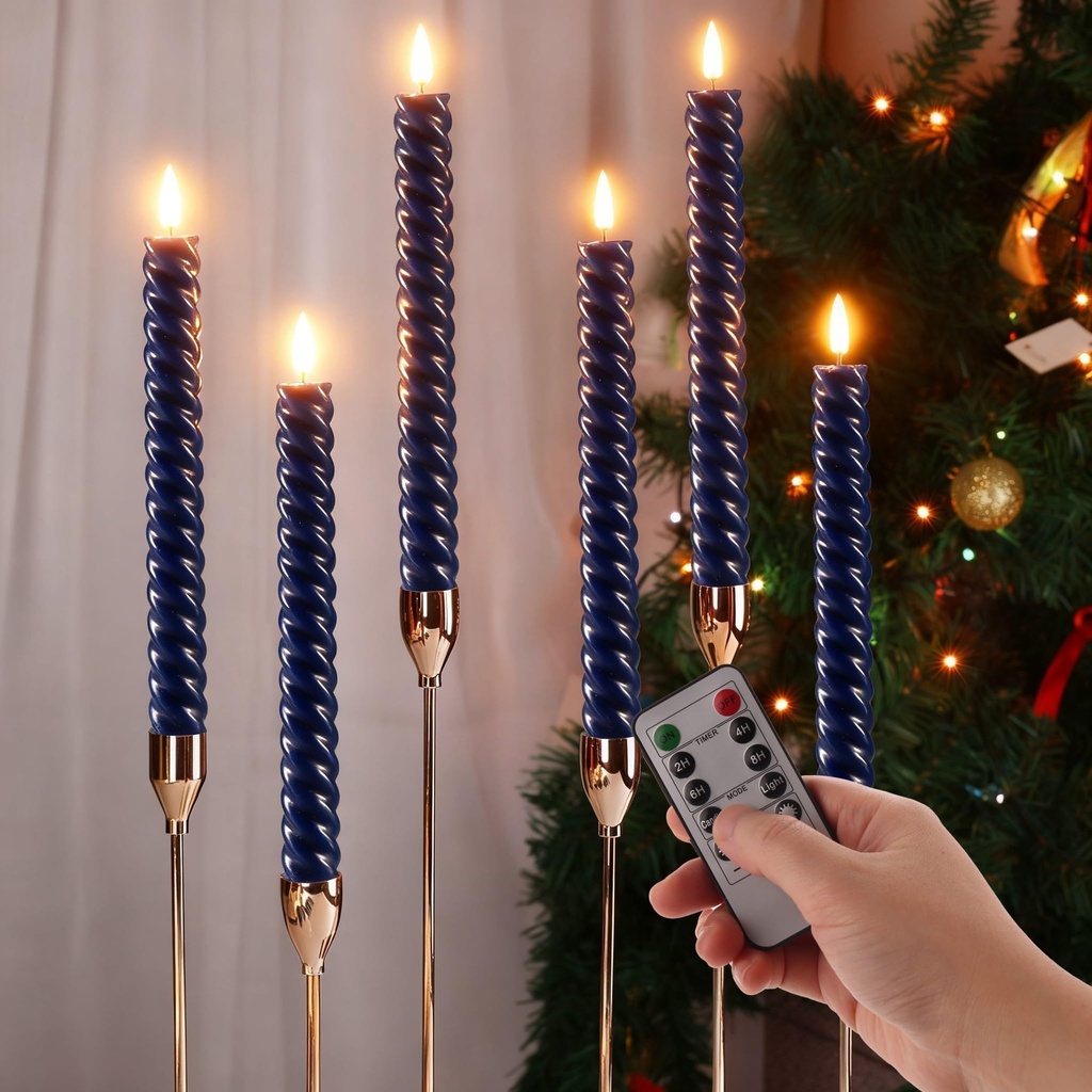 Eywamage Navy Blue Spiral Flameless Taper Candles with Remote, Flickering Battery LED Wax C