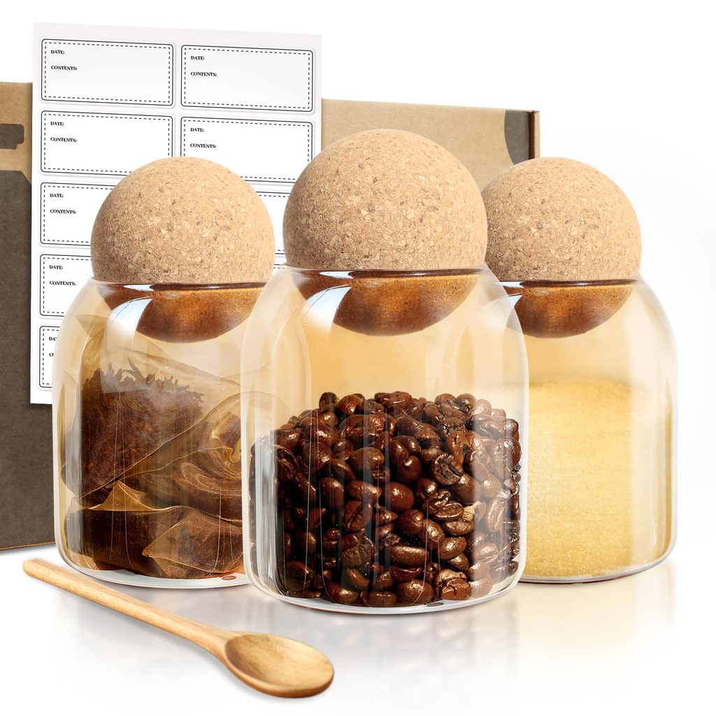 ceelatti Tea Coffee Sugar Canisters Set of 3, 500ML Glass Jars with Cork Ball Lids and Wood