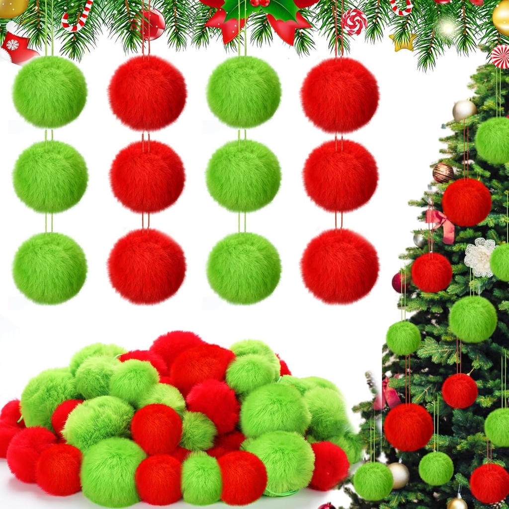 12pcs Faux Fur Pom Poms Ball Christmas Tree Ornament Baubles, Xmas Green Red Ball Hanging D
