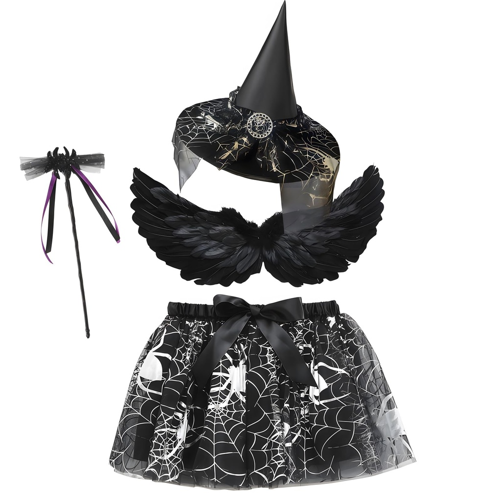 NIEEKRUN 4PCS Halloween Witch Costumes Set with Hat and TuTu Skirt Suit, Black Feather Wings