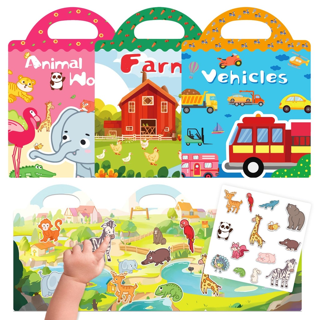Kids Sticker Books, 3D Stickers Scenes Book for Kids, 3 Pack Reusable Animals Jelly Stickers