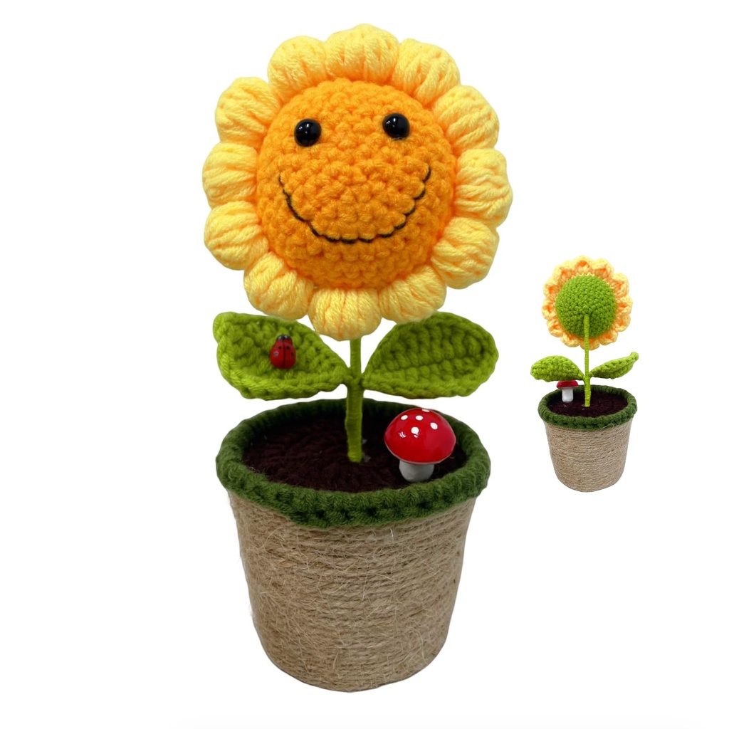 JOPOYOCO Crochet Flowers,1 Pcs Knitted Artificial Wool Red Rose Sunflower for Wedding Bouqu