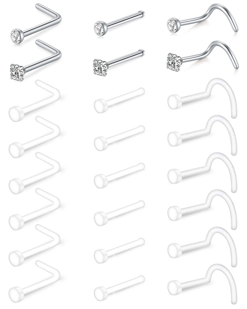 Mayhoop 18G Clear Nose Stud Bioflex Retainers top flat 24Pcs Clear Acrylic & Stainless Stee