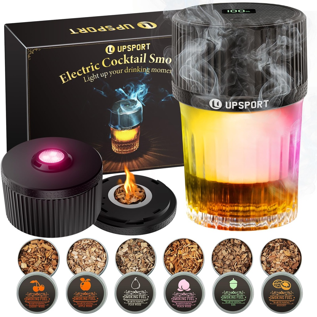 UPSPORT Electric Whiskey Smoker Kit with 4 Light Modes, Rechargeable Cocktail Smoker, 6 Woo