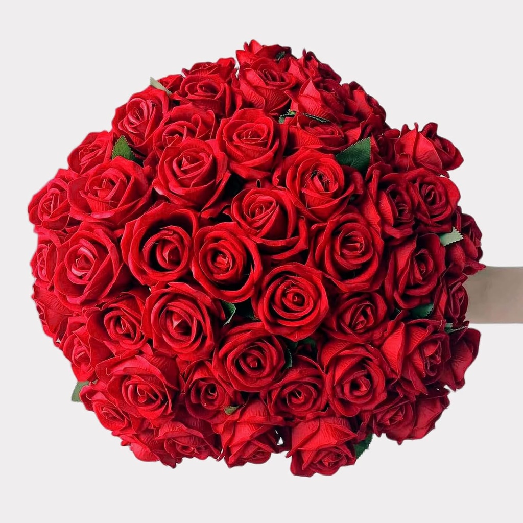 LIXUN 24Pcs Artificial Roses Fake Velvet Flowers Realistic Bridal Bouquets with Single Long