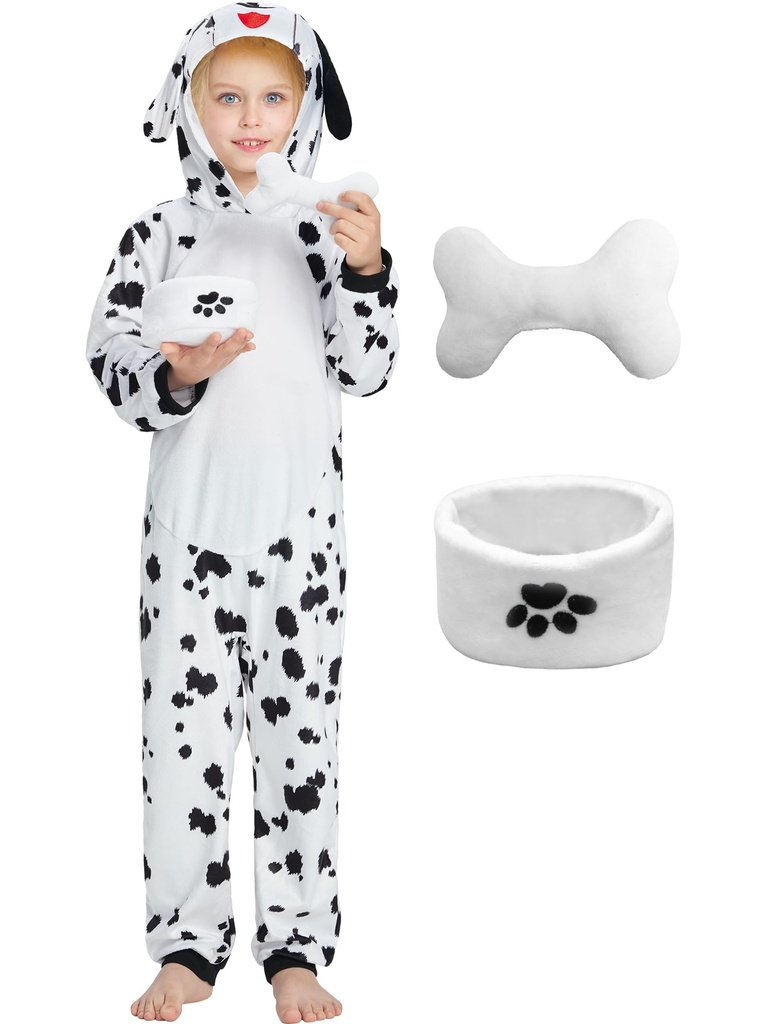 IKALI Kids Dalmatian Costume, 3 Pcs Puppy Dog Jumpsuit Fancy Dress Outfit Boys Girls Role-p