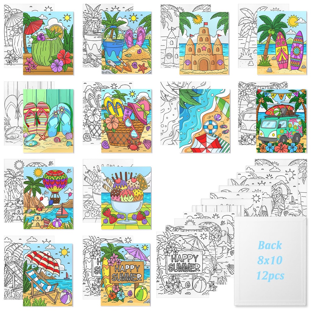 homdat 12 Pack Pre Drawn Canvas to Paint 8x10 Inch, Summer Beach Theme Pre Printed Canvas Bo